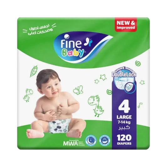 فاين بيبي (مقاس 4 كبير، 7-14 كجم، 120 حفاضة بقفل مزدوج)